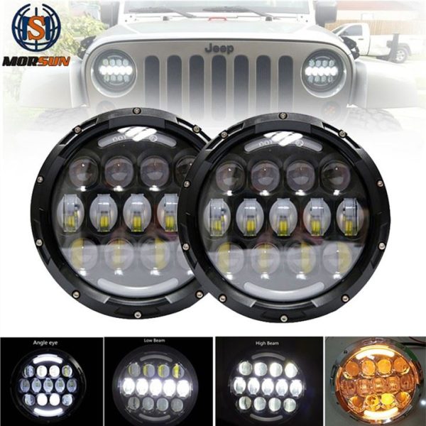 Morsun 7 Pulzier LED Round 105W Headlight Għal Wrangler JK Car Headlamp Bil DRL Halo