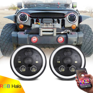 RGB Halo LED Headlight 7 Inch For Jeep Wrangler JK JL Multi Function RGB Fanal ta 'quddiem